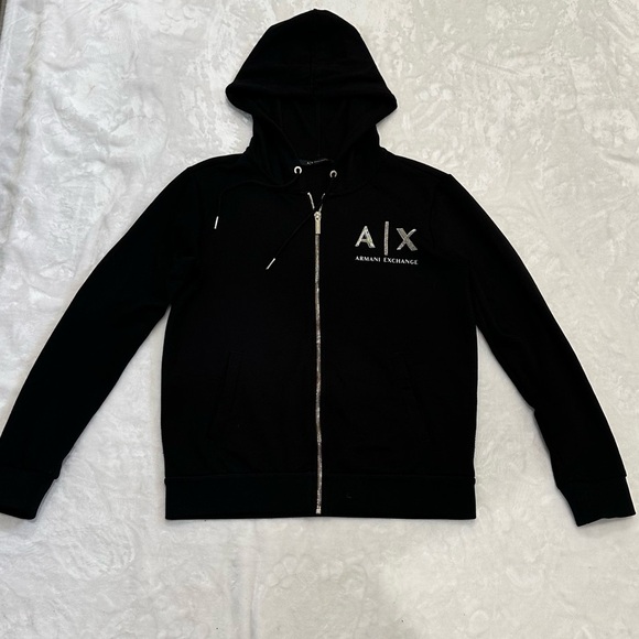 Authentic Unisex Armani Exchange Black and Gold Zip Up Sweater with Logo - Picture 1 of 17